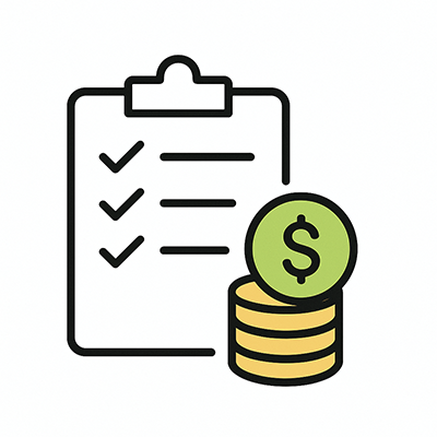 Icon of clipboard with checklist and coin stack representing window budgeting and planning for cost-effective home improvement