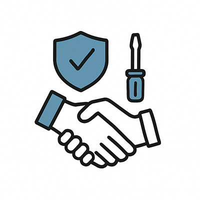 Icon of handshake and shield with wrench representing trusted, professional window installation services