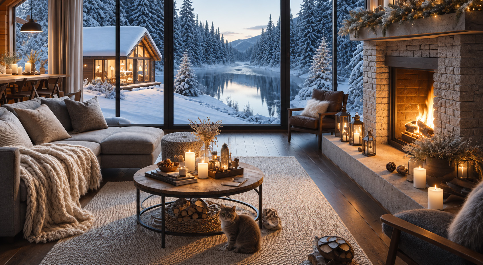 Living room with snow-covered windows