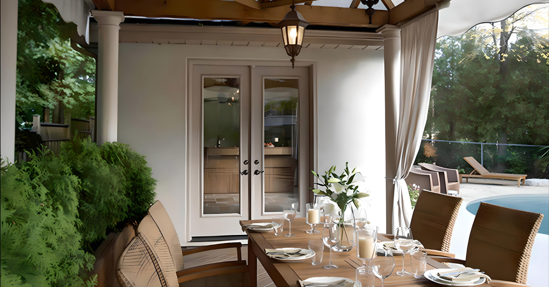 outside view of swinging patio doors from an outdoor dinning area