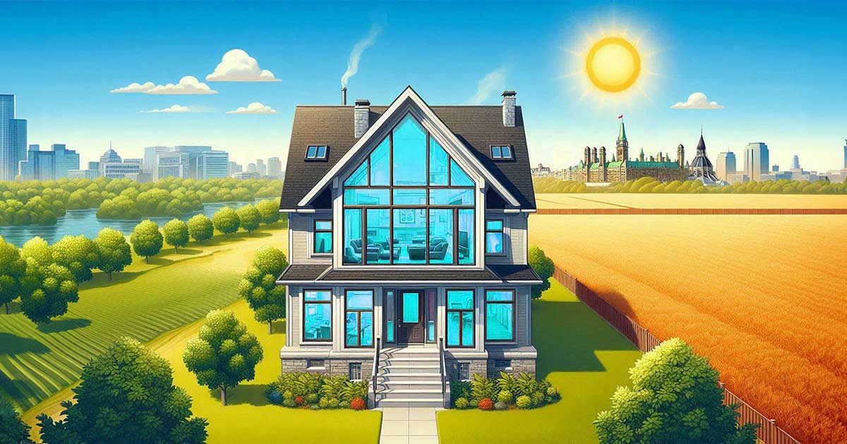 Image of baking modern home with energy efficient windows and a cityscape of Ottawa in the background