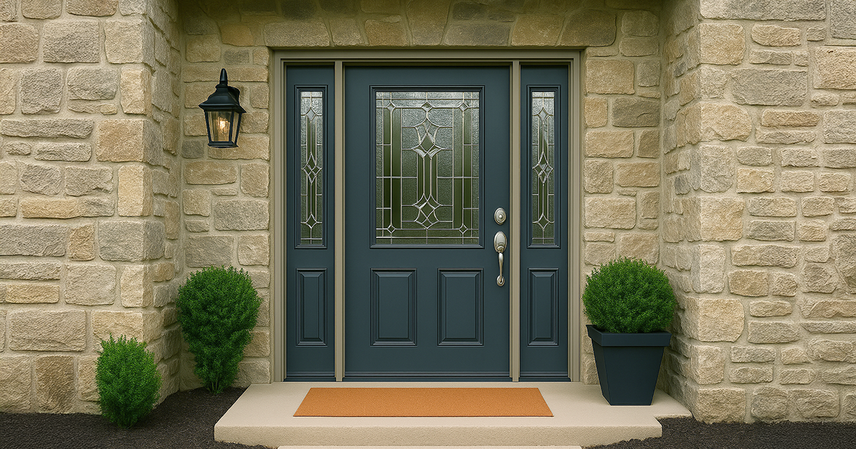 Elegant entrance of a classy stone home featuring decorative glass inserts that enhance curb appeal.
