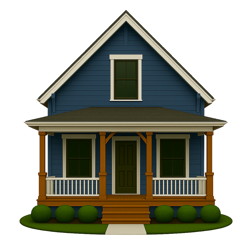 Arts & Crafts home with simple windows, porch columns, and white trim colours that highlight handcrafted design.