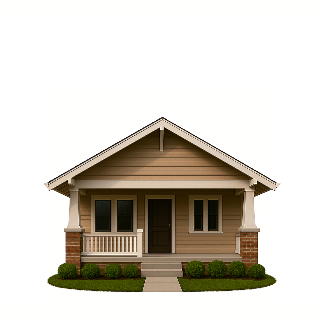 Single-storey bungalow with wide picture windows and front porch, designed for natural light and efficient ventilation