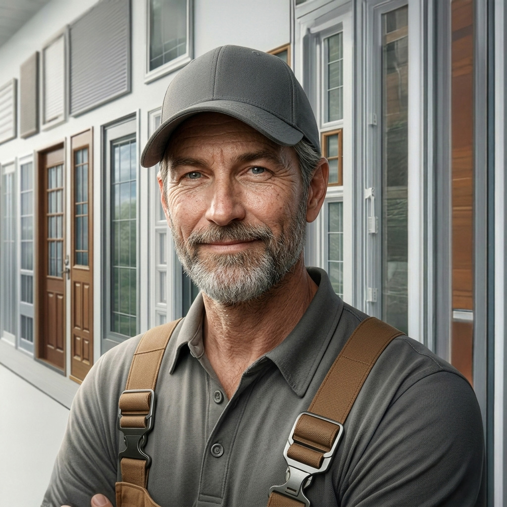 contractor with a selection of windows and doors in the background