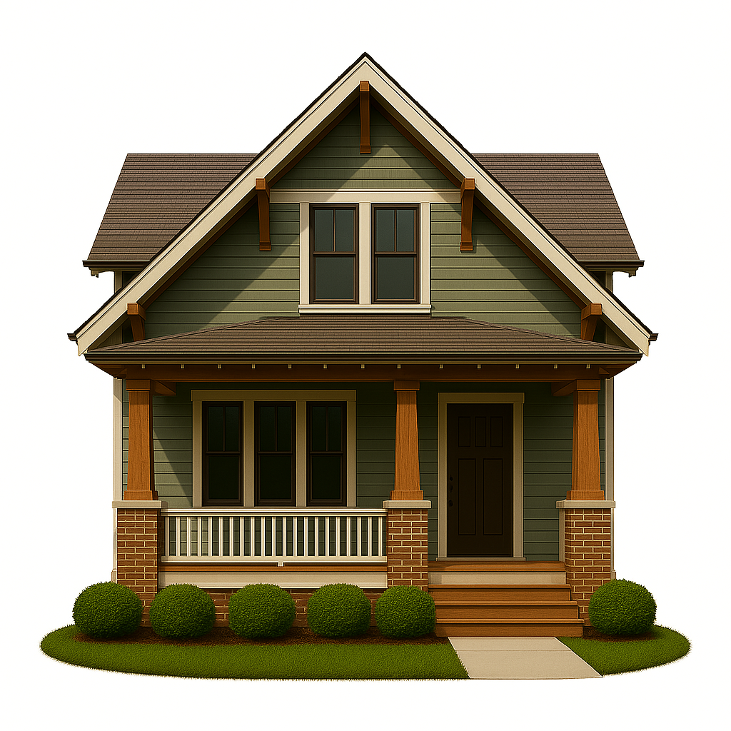 Craftsman home with divided-light windows, tapered porch columns, and earthy trim colours that highlight handcrafted design.