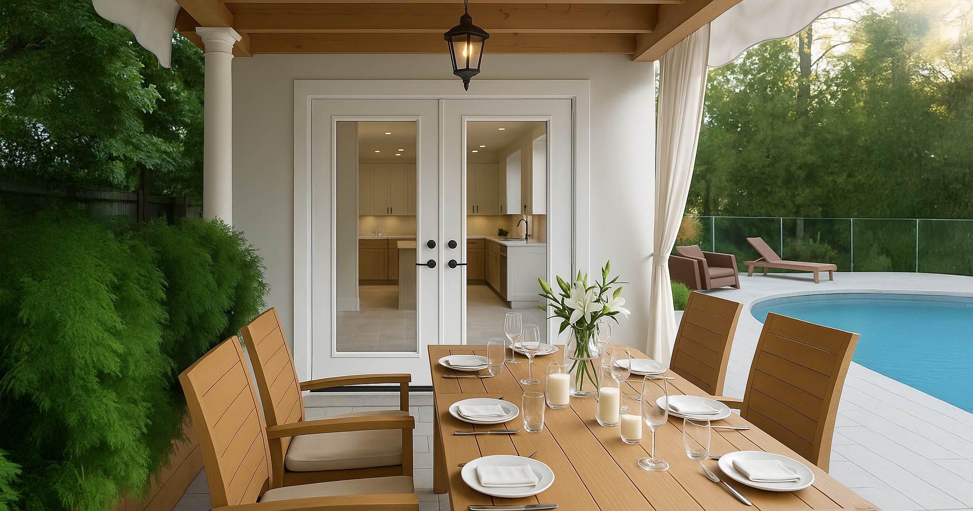 outside view of swinging patio doors from an outdoor dinning area