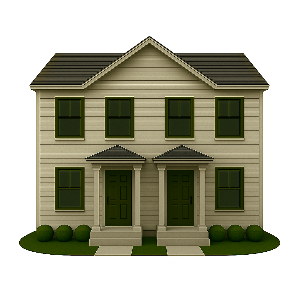 Modern duplex with matching window layouts on both units, featuring energy-efficient casement and slider windows for urban living.
