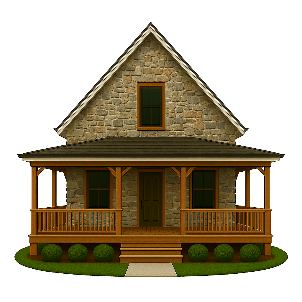 Stone farmhouse with dark brown-trimmed windows and symmetrical placement, blending rustic charm with energy-efficient window design.