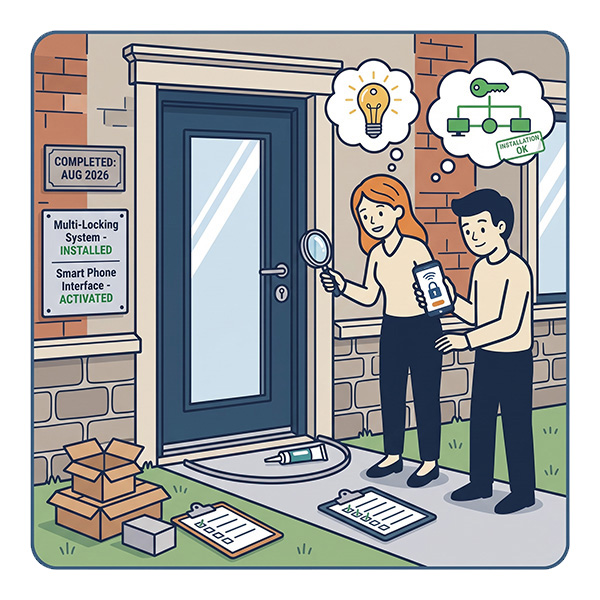 couple inspecting finished door installation