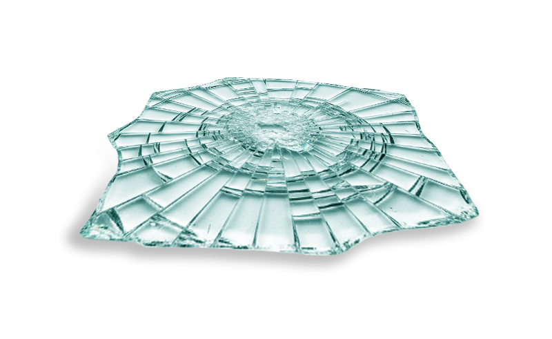 Close-up of cracked laminated glass showing spiderweb pattern