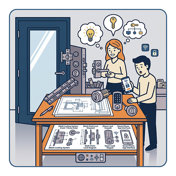 couple inspecting and choosing locks and hardware