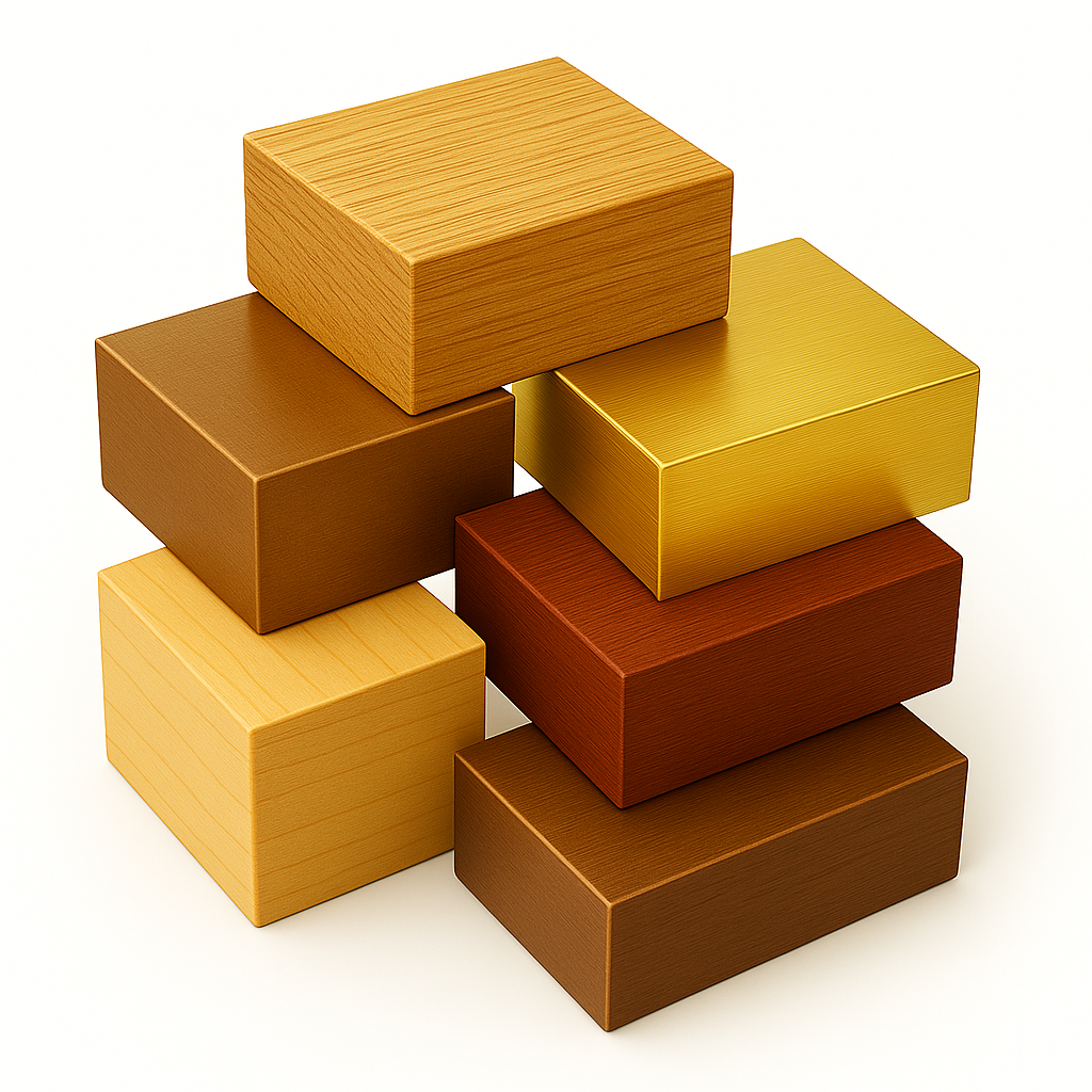 a stack of luxury materials such as Oak, Mahogany, Brass, Maple, and Bronze as square blocks, stacked randomly on a white background