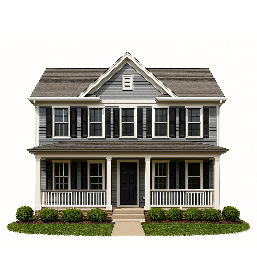 Colonial home with double-hung windows and symmetrical façade, showcasing traditional grille patterns and classic trim.