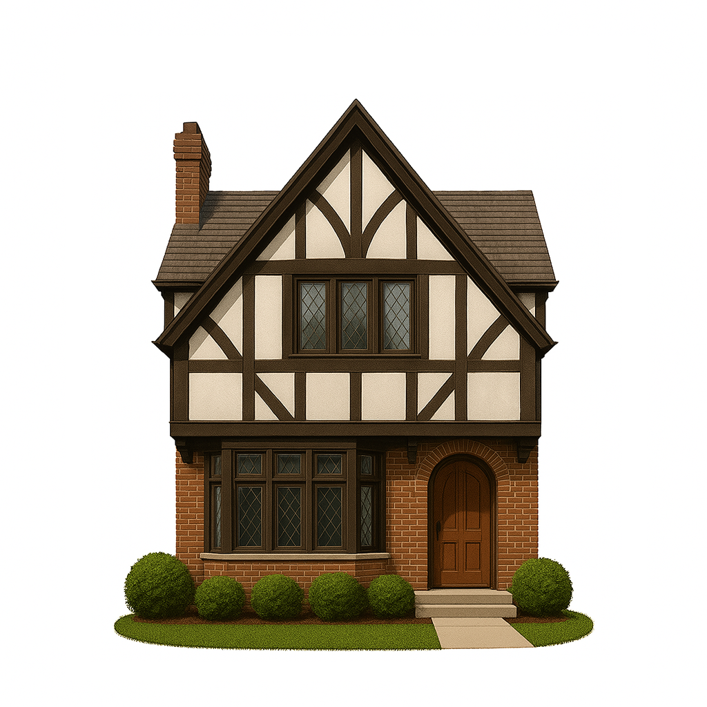 Tudor-style home with leaded glass windows, steeply pitched rooflines, and decorative half-timbering for historic character.
