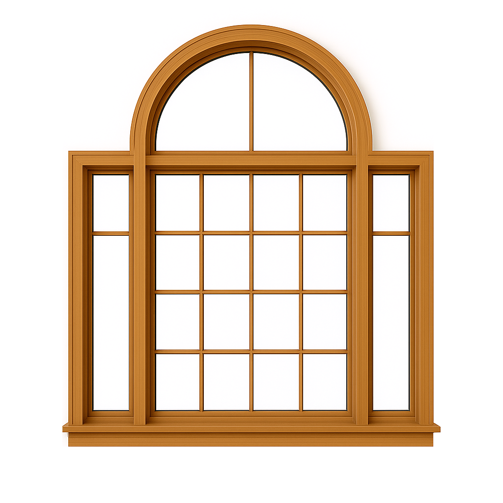 uniquely shaped windows requiring custom fabrication and precise fitting on a white background