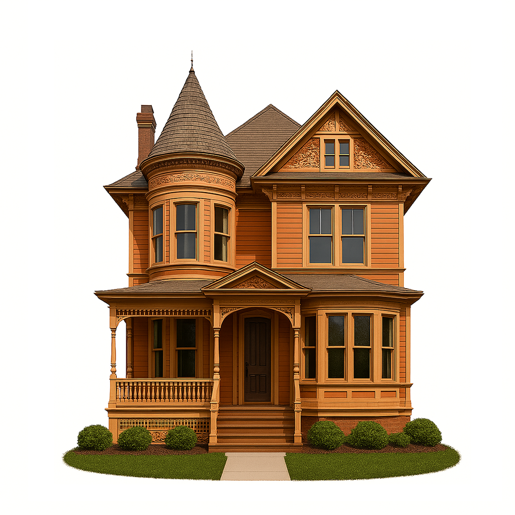 Detailed Victorian-style home with ornate woodwork and tall, narrow windows featuring decorative grille patterns.