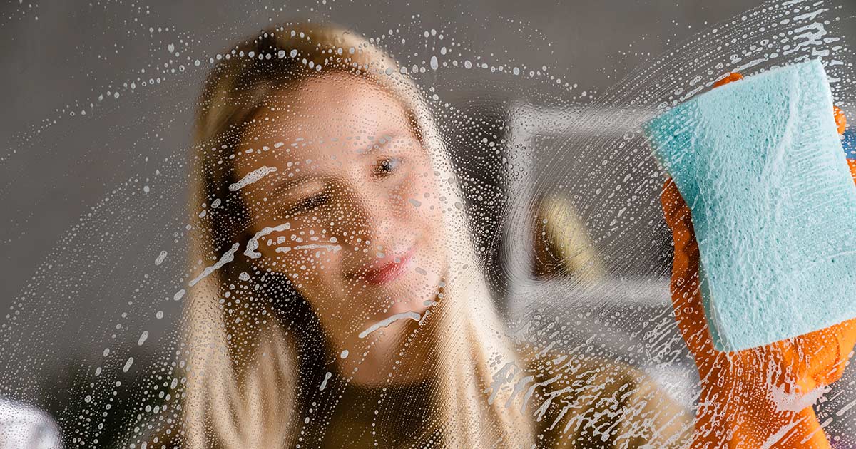 Image of a woman cleaning a window fron inside her home