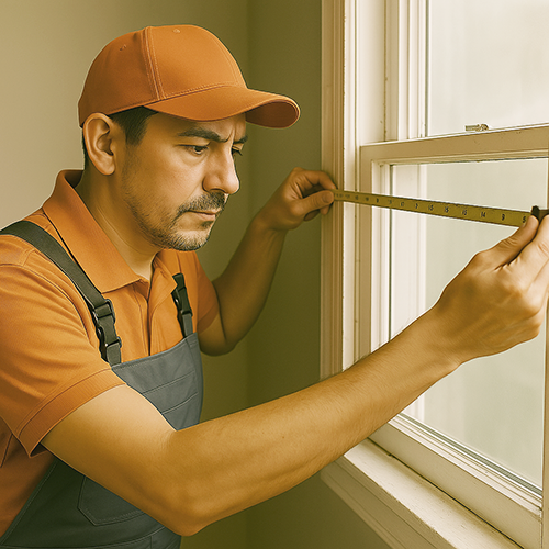Window specialist measuring windows during consultation