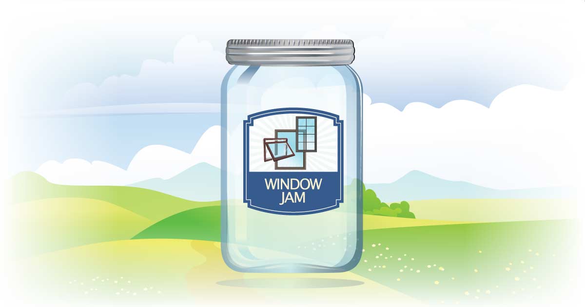 Pickle jar labeled 'window jam,' playfully illustrating the concept of window jambs in construction.