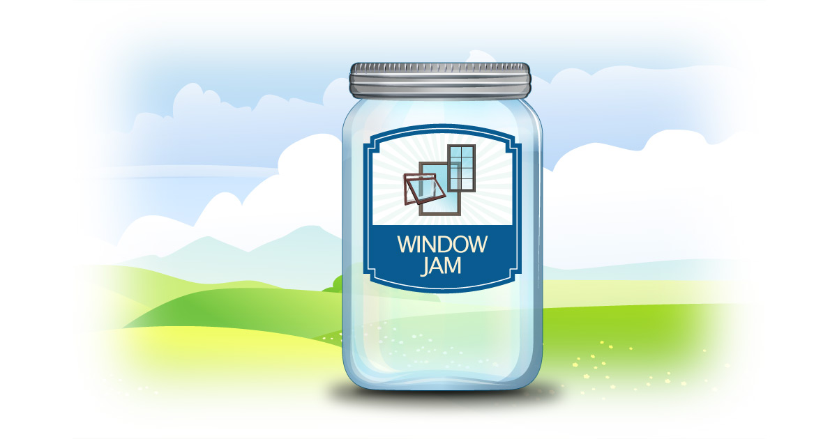 A jar with a window jam sticker on it