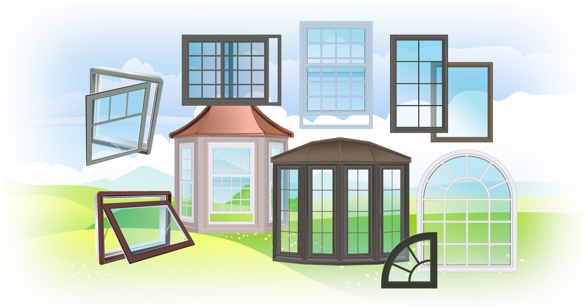 Illustration of various window styles, including picture, casement, and awning windows, aiding homeowners in selecting suitable types for their residences.
