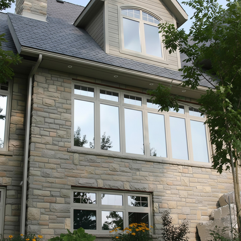 thumbnail - multi combo of casement and picture windows with divided upper with simple grill pattern - North Star