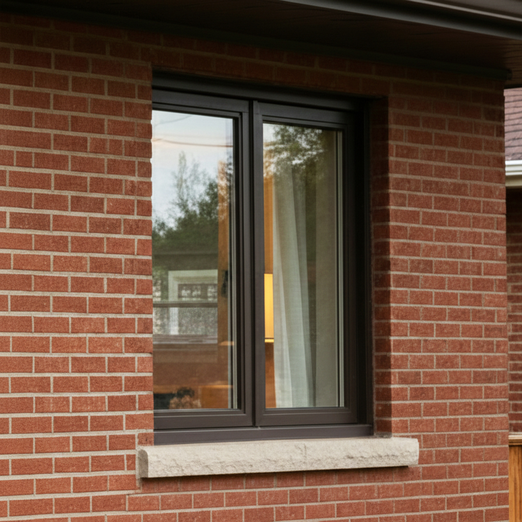 thumbnail - Double brown casement windows on the side of a brick home