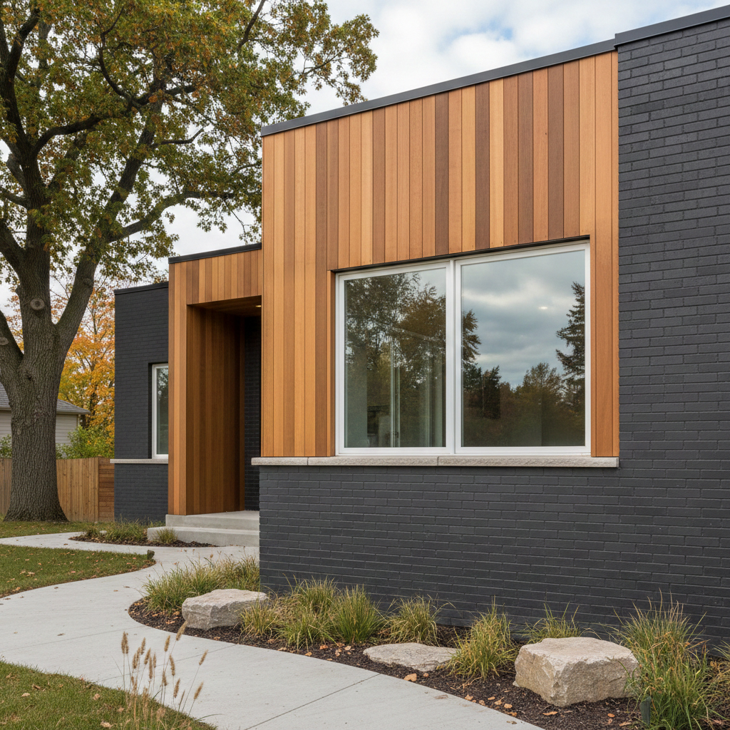 Modern house with large sid-by-side white picture windows in manotick