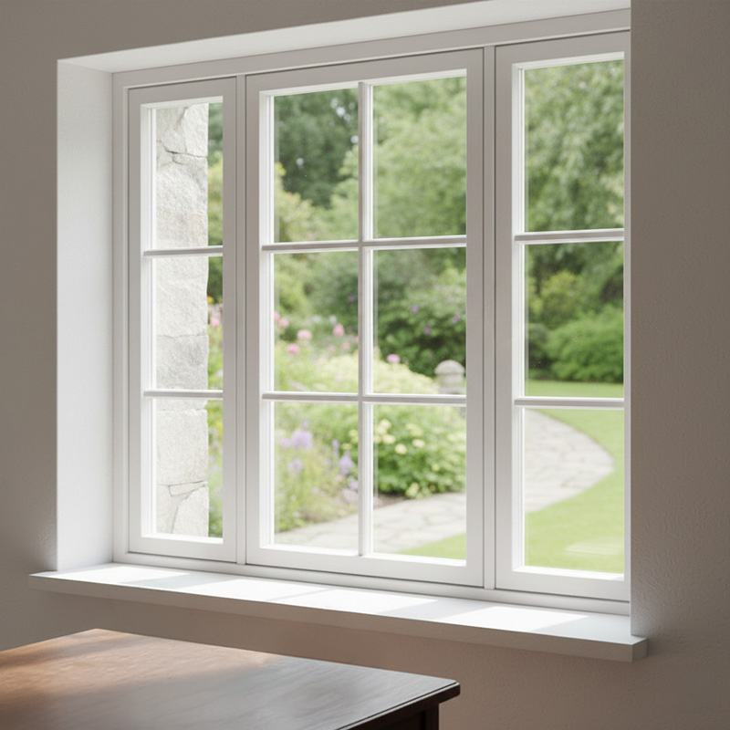 thumbnail - home interior view through t riple-section white picture window with simulated divides